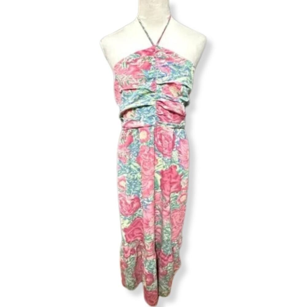 Lush Halter Midi Dress Floral Pattern Low Smocked Back Multicolor Women's L NWT